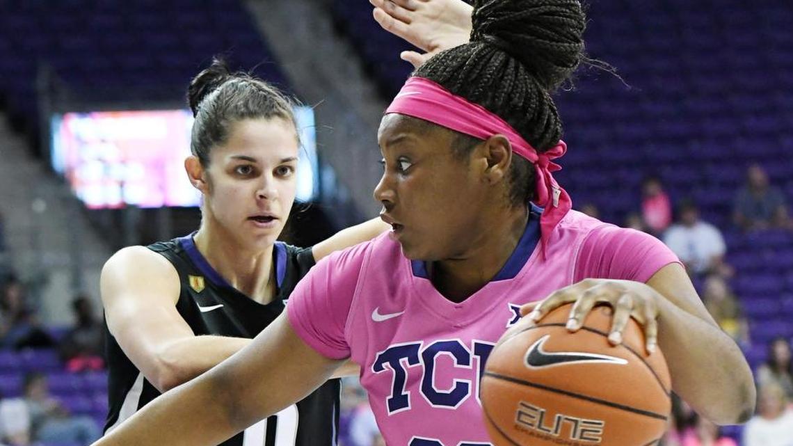 Senior forward Amy Okonkwo, at right in a game from last season, led TCU with 21 points but the Frogs remained winless in Big 12 Conference play after Thursday’s 84-71 loss at Oklahoma.