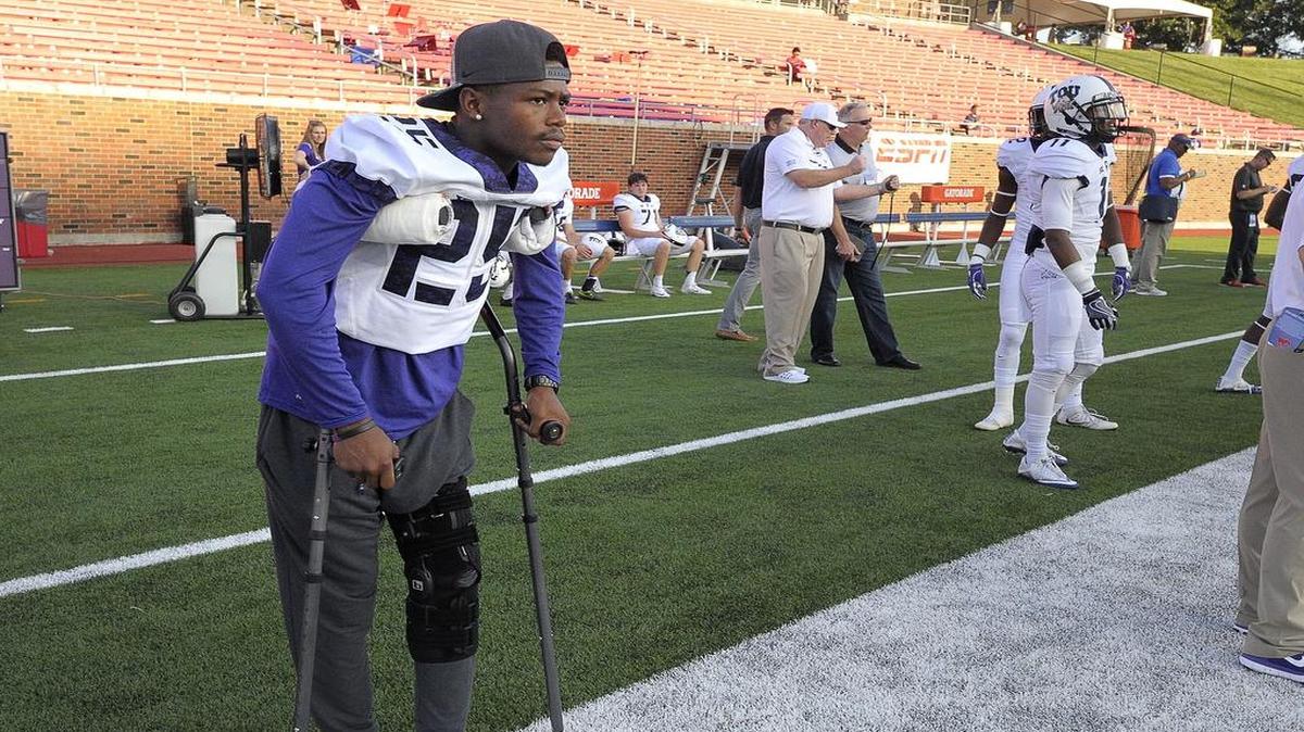TCU reciver/returner KaVontae Turpin watches pre-game activities from the sideline at a Sept. 23 game against SMU. Turpin, who suffered a knee injury in the previous game, might be back in action soon along with center Austin Schlottman, coach Gary Patterson said Monday.