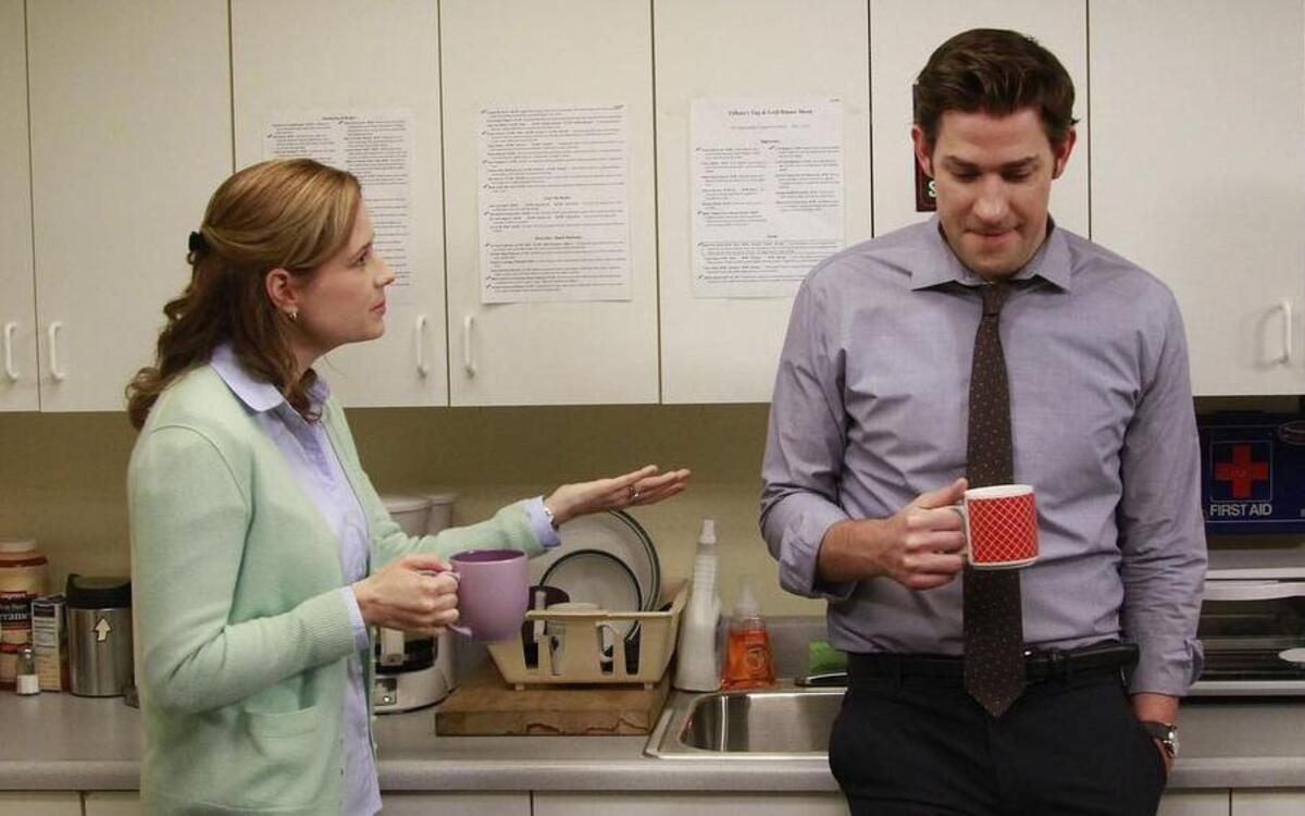Cast members Jenna Fischer and John Krasinski pictured on the set of the television comedy series “The Office.” TCU borrowed their character names to help fill out the scorebook for a basketball game Sunday in Australia.