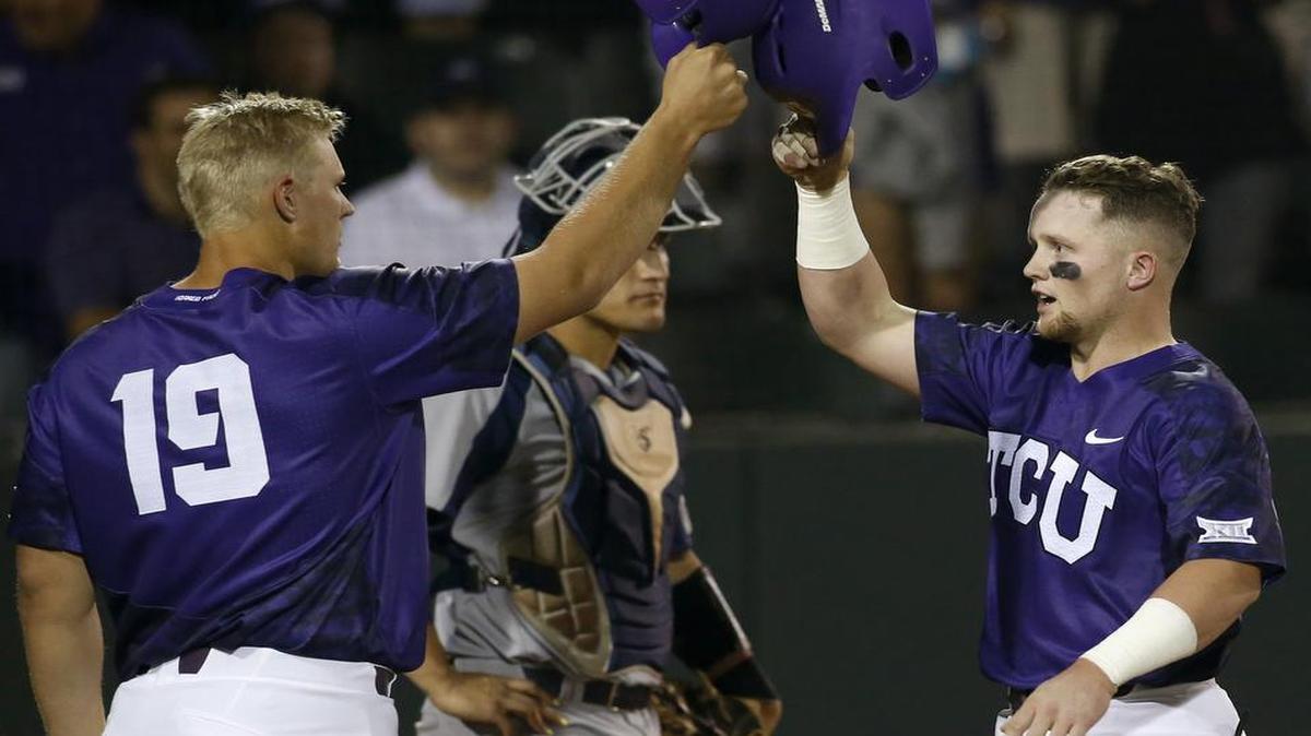 TCU hitters Luken Baker, left, and Evan Skoug hurt Rice last week but Friday night they helped the top-ranked Frogs put a 9-6 pounding on fourth-ranked LSU in Houston. Skoug went 4-for-5 with an RBI while Baker was 2-for-5, including a two-run homer.