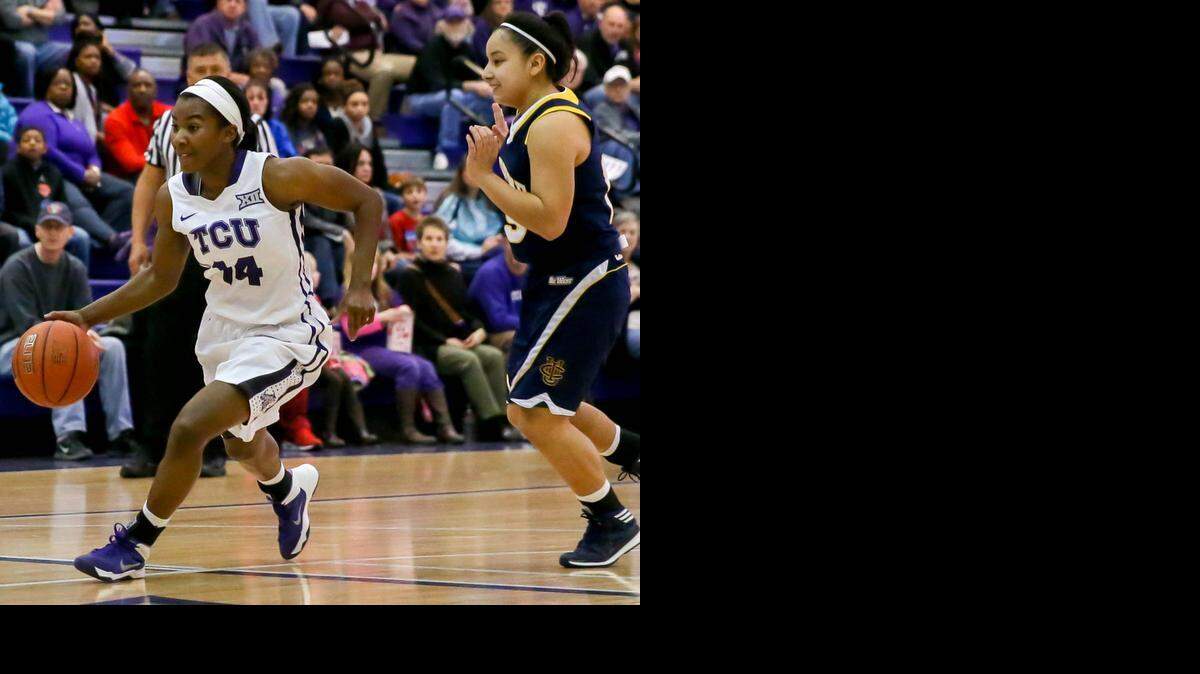 
TCU guard Zahna Medley, left, drives past UC Irvine guard Irene Chavez in Tuesday night’s nonconference game at the University Recreation Center. 

