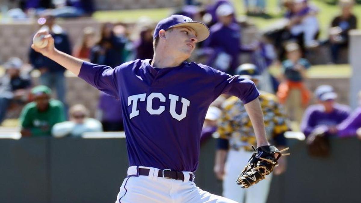 TCU starter Brian Howard throws for a strike against West Virginia during the second inning of Saturday’s game at Lupton Stadium. TCU won 7-1.