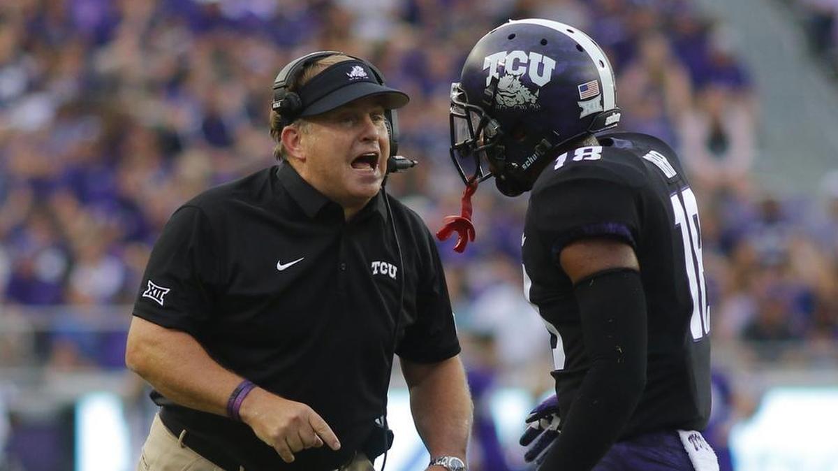 TCU coach Gary Patterson talks with safety Nick Orr during a timeout in the season opener against Jackson State. Patterson is in his 17th season as head coach of the Horned Frogs and under contract for six more years after signing a new deal last week.