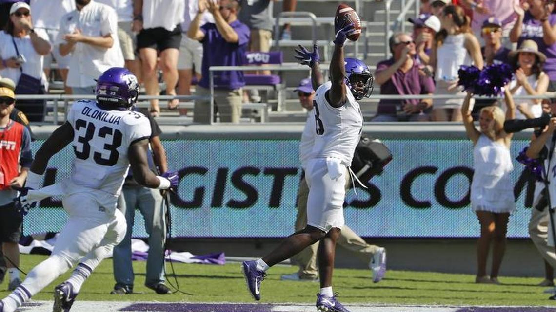TCU receiver Jalen Reagor celebrates after catching a 38-yard pass for a touchdown on the last play of the first half Saturday, Sept. 16, against SMU at Amon G. Carter Stadium.