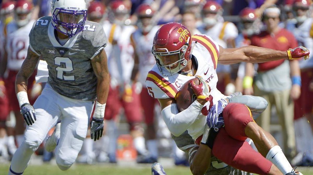 Iowa State receiver Allen Lazard is brought down on a punt return in the first quarter of last year’s game against TCU at Amon G. Carter Stadium. Lazard is Iowa State’s career leader in receptions.