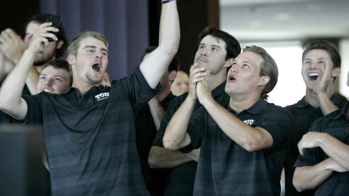 
TCU baseball players celebrate when they learn they will host a regional tournament beginning Friday.

