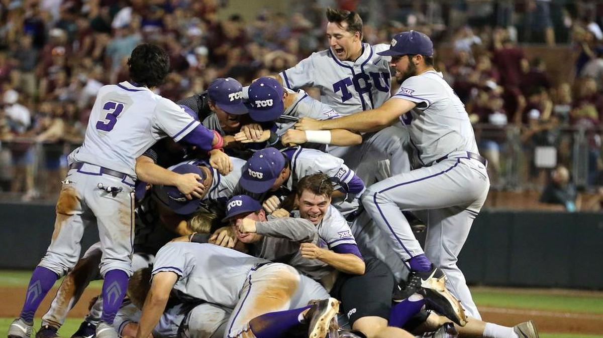 TCU players dogpile on the pitcher’s mound following the Horned Frogs’ 4-1 series-clinching victory over Texas A&M.