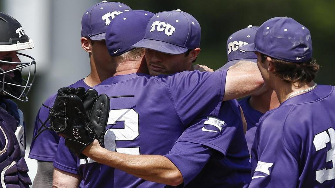 
TCU head coach Jim Schlossnagle and Preston Morrison embrace in the 10th inning of last week’s Super Regional Game 2 against Texas A&M. Morrison left in a tie game, but lost 2-1 when his baserunner scored on a sacrifice fly. If TCU had not won Game 3, it would have been Morrison’s last college start.
