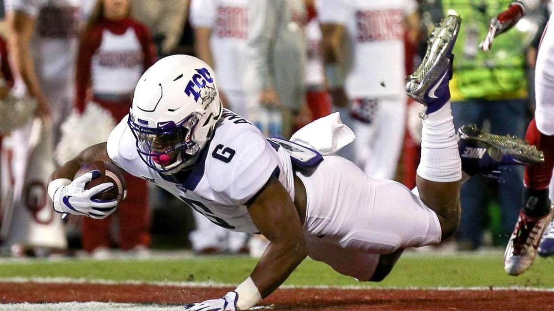 TCU running back Darius Anderson lands in the end zone after scoring on a 13-yard run during the first quarter of a Nov. 11 game at Oklahoma. The sophomore leads the Horned Frogs in rushing yards and rushing touchdowns, but has not played since then.