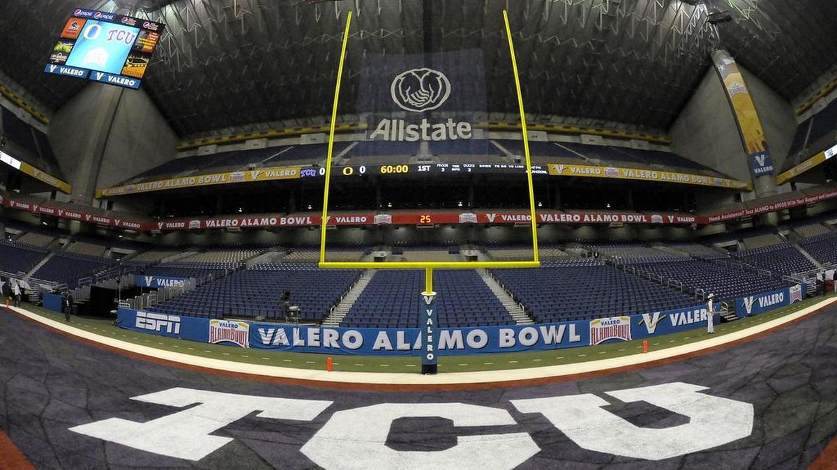 The TCU end zone before the Horned Frogs’ game against Oregon in the Alamo Bowl.
