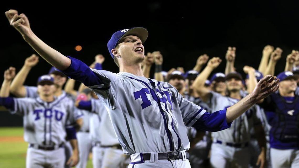 TCU pitcher Brian Howard celebrates with teammates after his victory against Arizona State to wrap up the Fort Worth Regional championship for the Horned Frogs. It was the second of four postseason wins for the right-handed pitcher in 2016.