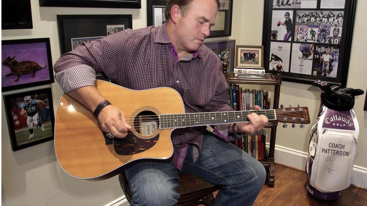 TCU coach Gary Patterson strums his guitar at home in Fort Worth during a 2013 interview about his musical talent.