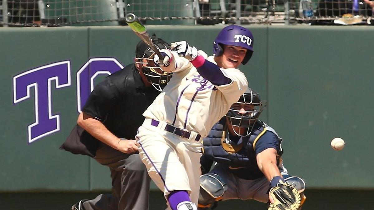 TCU hitter Austin Wade follows through on a single during the second inning of a March 20 game against West Virginia. The Horned Frogs completed a sweep of their Big 12 opening series.