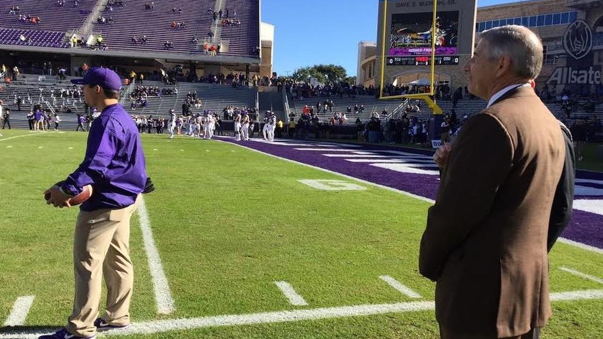 Big 12 commissioner Bob Bowlsby watches pregame activities at Amon G. Carter Stadium on Saturday ahead of TCU’s game against Oklahoma State.