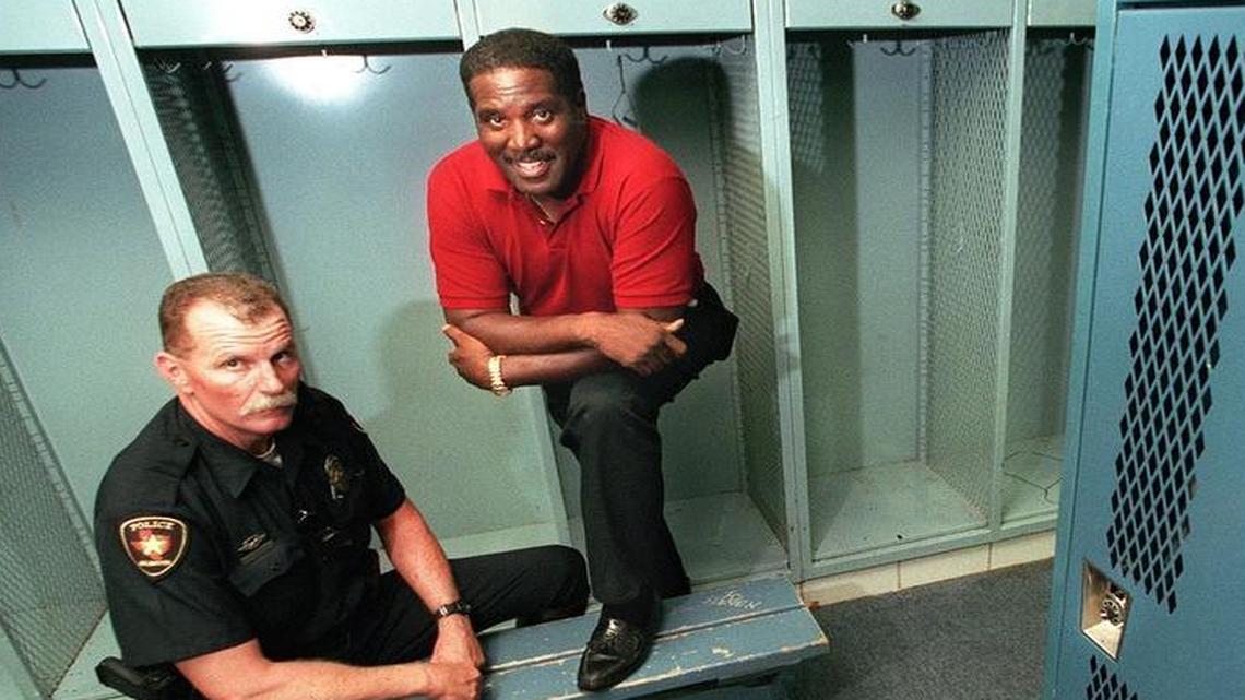 Jimmy Thomas, right, along with Dick Hill, members of the UT Arlington 1967 football team that won the College Division Pecan Bowl, were photographed prior to their 2000 induction into the UTA Hall of Honor.