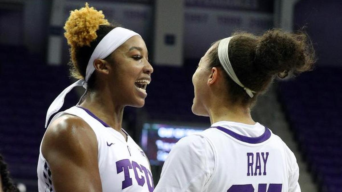 TCU’s Jordan Moore, left, and Kianna Ray, celebrate a victory over Oklahoma in January. TCU and Oklahoma meet Saturday at 11 a.m. in the first round of the women's Big 12 championship.