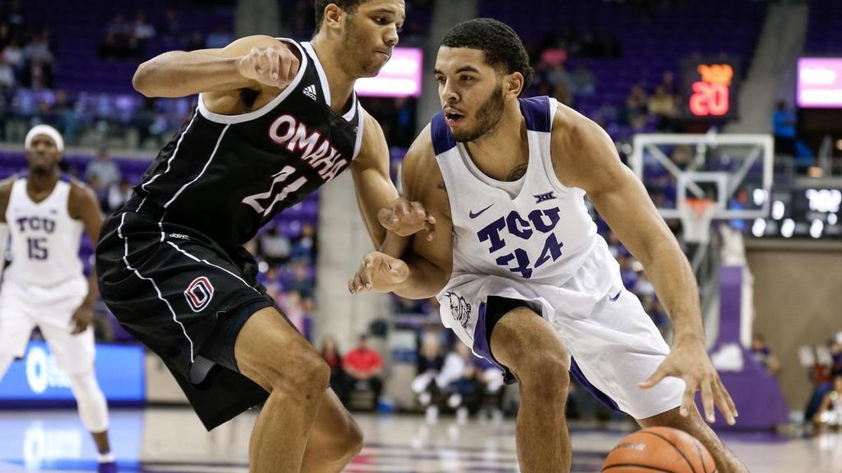 TCU guard Kenrich Williams, at right in a game earlier this season, nearly matched his career highs in both points and rebounds in Friday’s win over New Mexico in the Emerald Coast Classic.