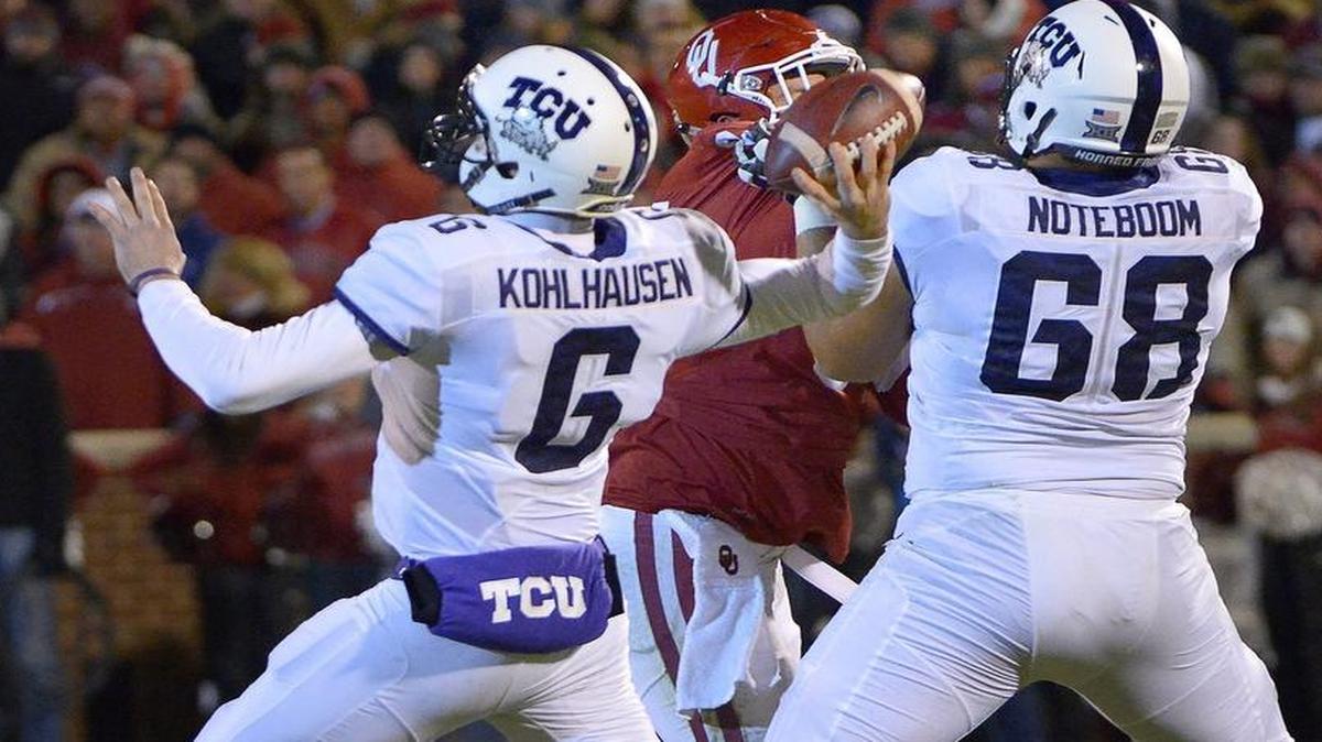 TCU quarterback Bram Kohlhausen throws an 86-yard touchdown pass to KaVontae Turpin in a Nov. 21 game at Oklahoma. Kohlhausen is expected to be the starting quarterback for the Horned Frogs on Saturday in the Alamo Bowl against Oregon.