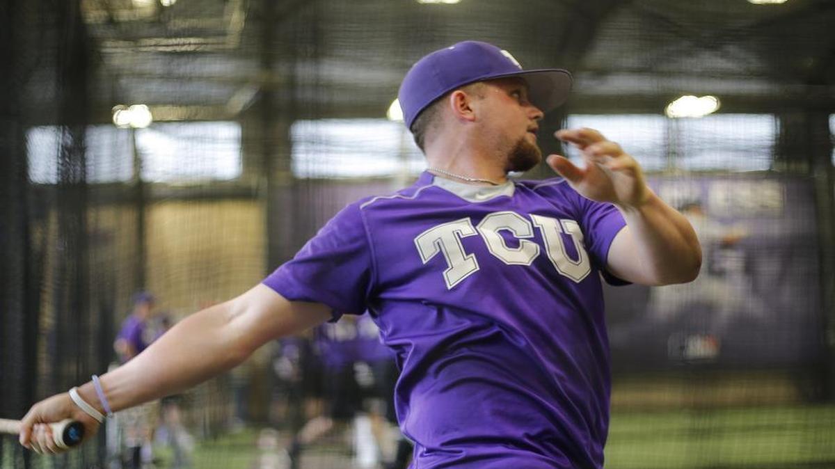 Catcher Evan Skoug took some swings in the batting cage as TCU prepares for its Fort Worth Regional game against Oral Roberts on Friday.