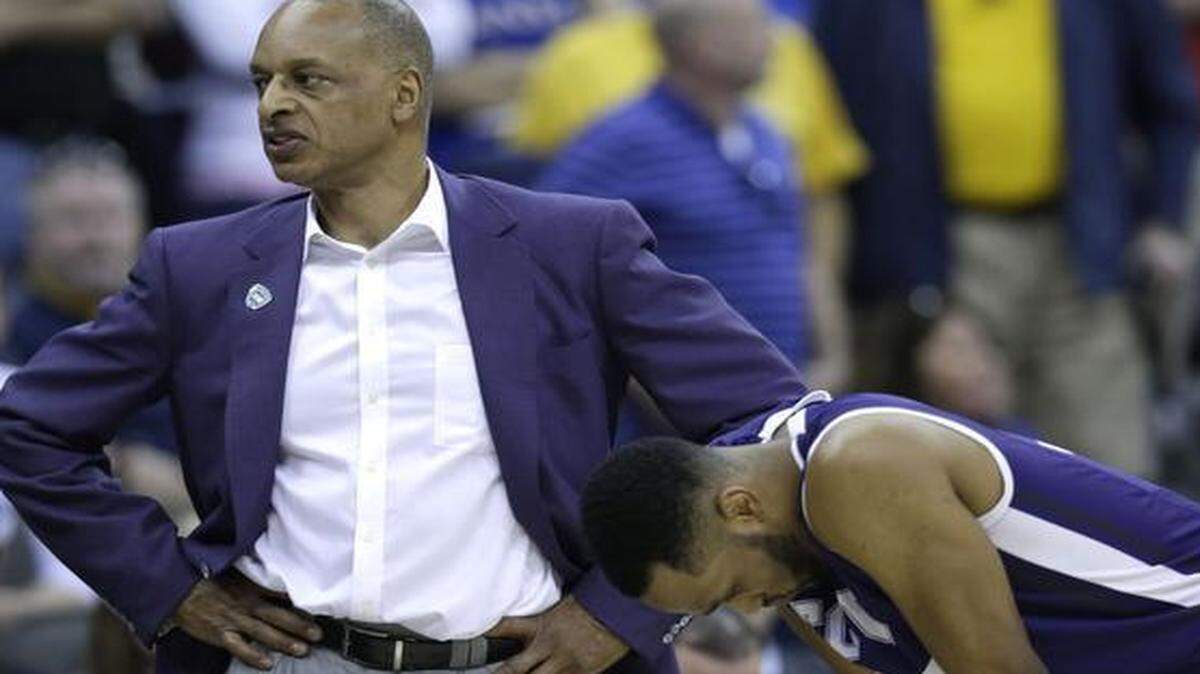 
TCU coach Trent Johnson looks to the court after talking with guard Trey Zeigler, who fouled out in the final minute of the game against Kansas at the Big 12 tournament. It was the last game of the season for TCU.

