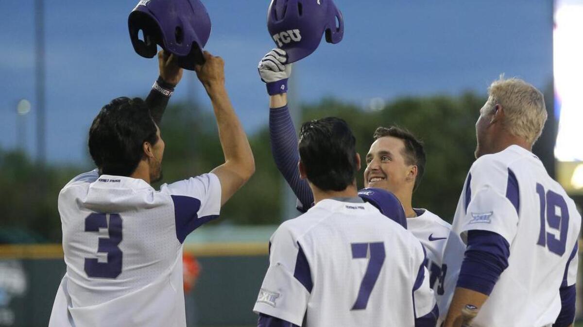TCU third baseman Elliott Barzilli (3), left fielder Josh Watson (7) and first baseman Luken Baker (19) celebrate with shortstop Mason Hesse (1) who batted them all in with a second inning grand slam homer as UT Rio Grande Valley plays Texas Christian University at Lupton Stadium in Fort Worth, Wednesday, March 29, 2017.