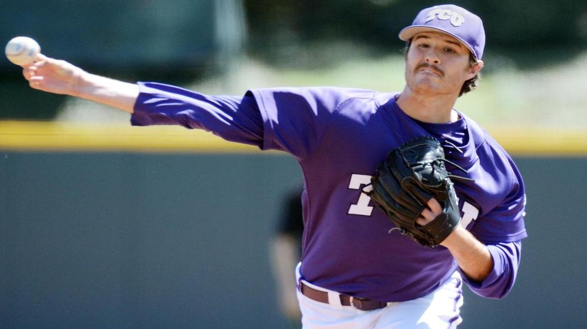 
Preston Morrison throws for a strike against Wichita State in the first inning of a March 28 game. It was one of 11 victories this season for the senior right-hander, who will start Saturday’s winner’s bracket game for TCU in the Fort Worth Regional.
