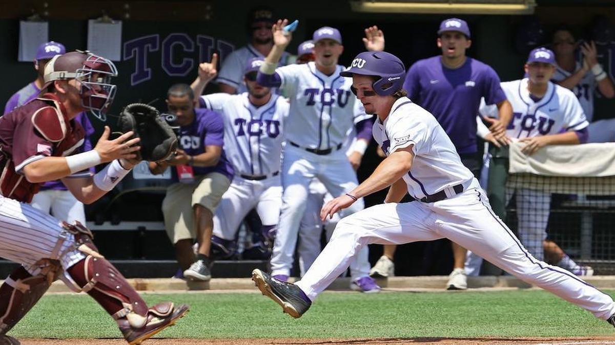
TCU base runner Cody Jones prepares for a play at home plate against Texas A&M catcher Michael Barash. Jones made it to the plate in time to score on Jeremie Fagnan’s double to right field, giving TCU a 4-1 lead in the second inning.
