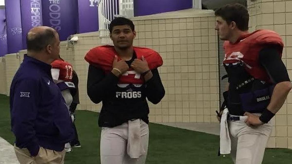 TCU quarterbacks Kenny Hill, middle, and Foster Sawyer, right, are battling for the starting job on a team that averaged 42.1 points and returns seven offensive starters.