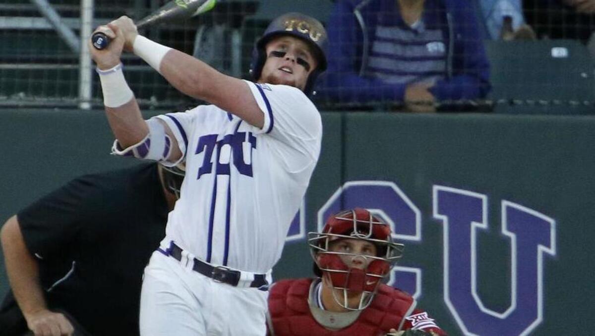 TCU catcher Evan Skoug watches the flight of a two-run homer in the first inning against Oklahoma in an April 15 game at Lupton Stadium. Skoug has two of TCU’s six home runs in the Big 12 tournament.