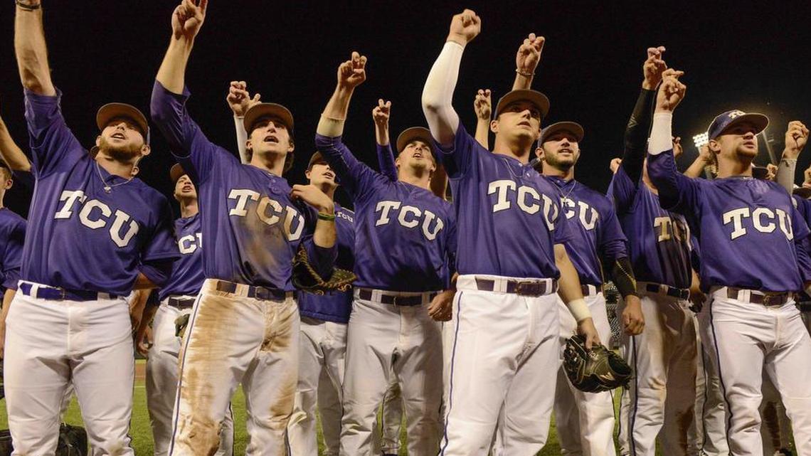 
TCU celebrates with the fans in the stands, following an NCAA College World Series baseball elimination game against LSU in Omaha, Neb., Thursday, June 18, 2015. TCU won 8-4, sending LSU home.

