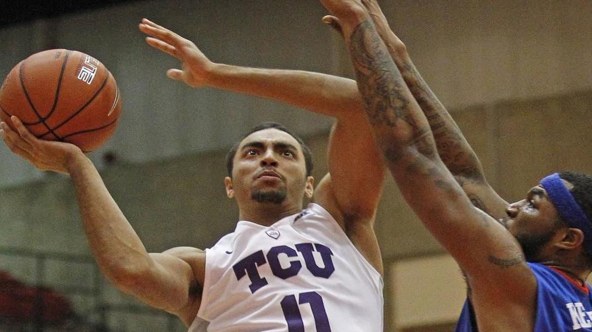 Lyrik Shreiner, left, and TCU fell just short to Markus Kennedy and SMU in a 75-70 loss on Wednesday.