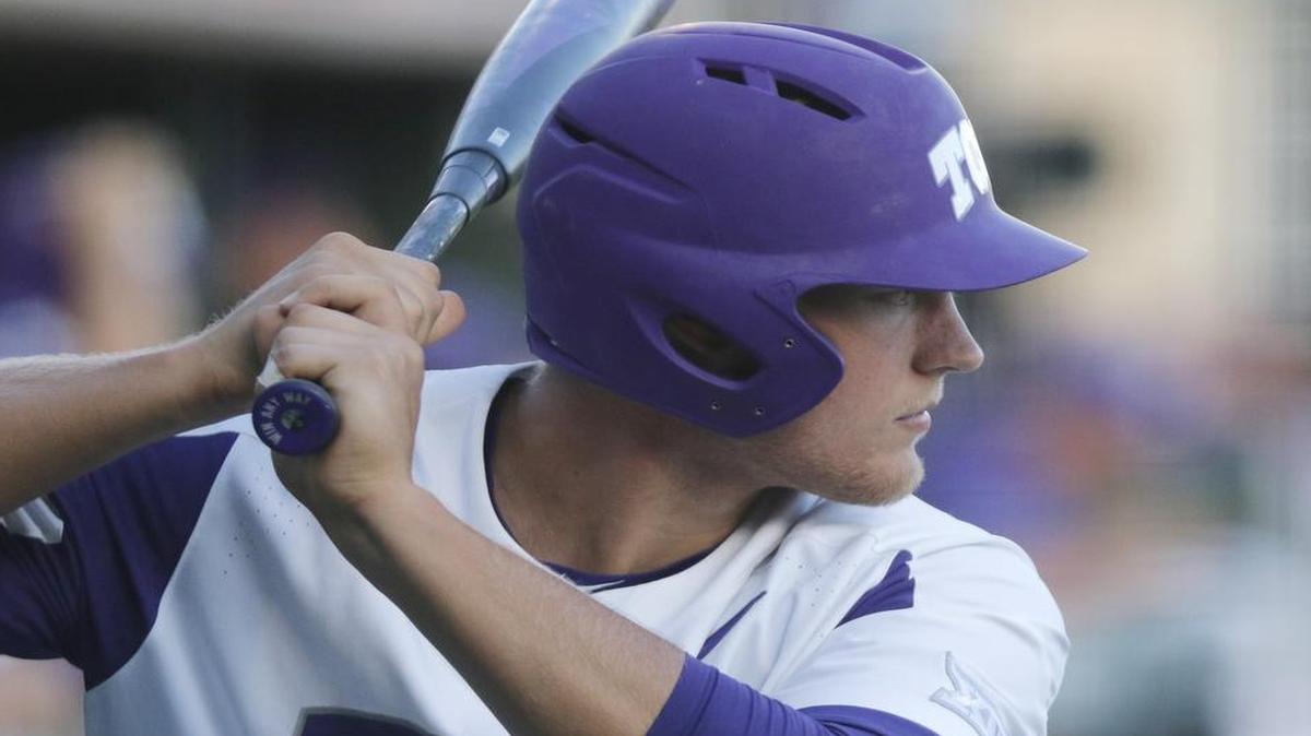 TCU first baseman Luken Baker, shown earlier this season, hit a leadoff home run in the second inning Saturday afternoon at Texas Tech. The game was suspended by rain with TCU leading 2-1 in the bottom of the third and two outs.