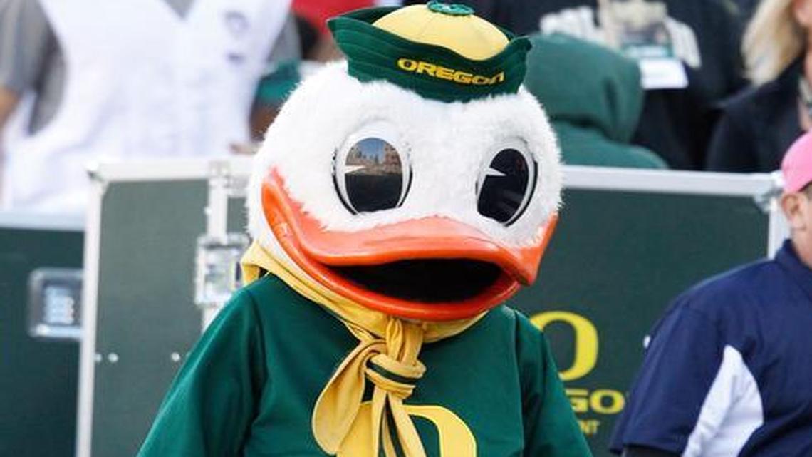 The Duck mascot, shown from 2013, wasn’t officially adopted as Oregon’s team nickname until 1978. That was the second year of a home-and-home series between TCU and Oregon, when football times were hard for both schools.