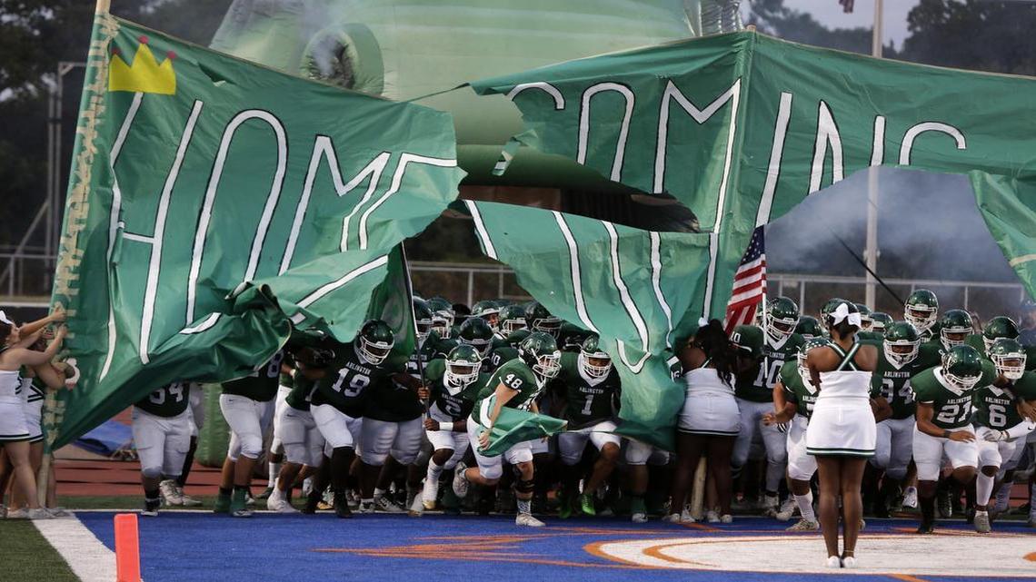 The Arlington Colts take the field against Plano East f0r a game at UTA’s Maverick Stadium in Arlington last week.