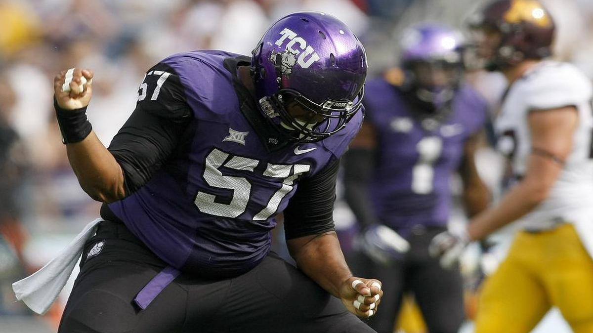 
TCU defensive tackle Davion Pierson reacts after a third-down stop against Minnesota in last year’s game. The senior has not played this year because of injury, but could return this week against SMU, coach Gary Patterson said.
