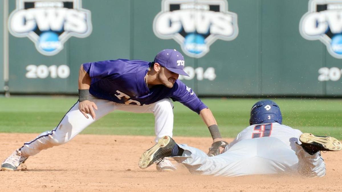 TCU shortstop Ryan Merrill makes the tag on Gonzaga’s Branson Trube for the out as he tries to steal second base during the fifth inning.
