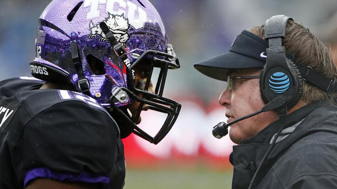 TCU cornerback Jeff Gladney and coach Gary Patterson talk during the first half of a Dec. 3 game against Kansas State at Amon G. Carter Stadium.