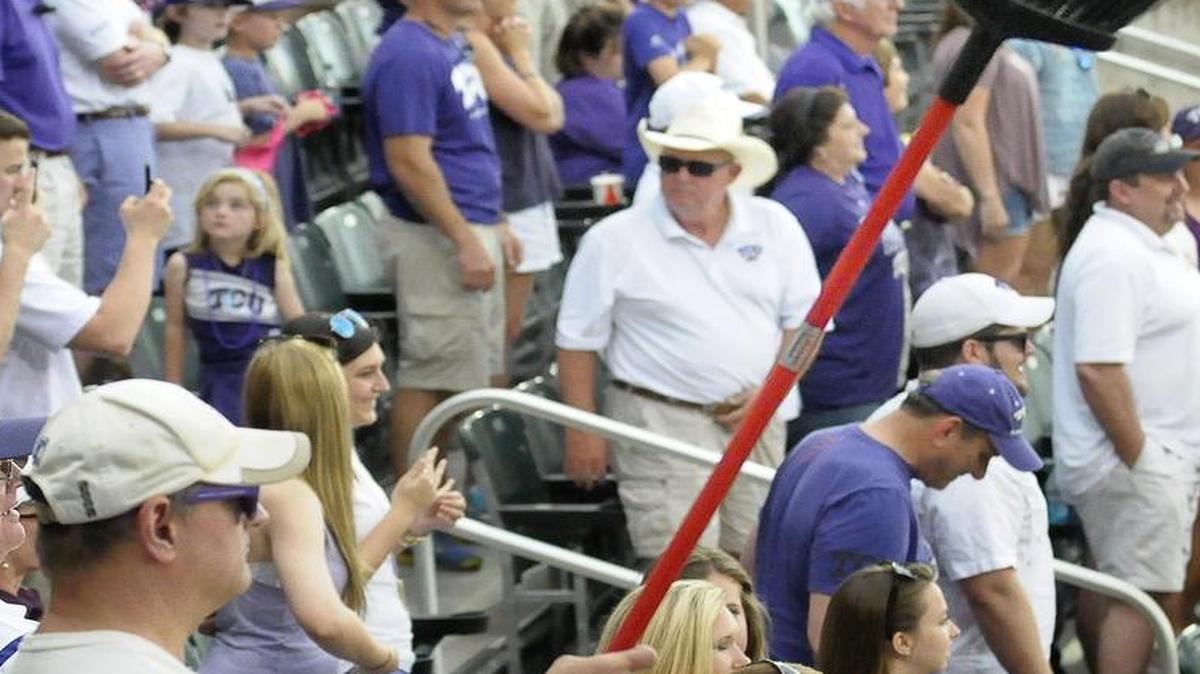 
TCU fans celebrate during the ninth inning as TCU beats Texas 7-1 at Lupton Stadium for a three-game sweep. With Sunday’s rainout against Kansas, the Horned Frogs have swept three straight Big 12 series.
