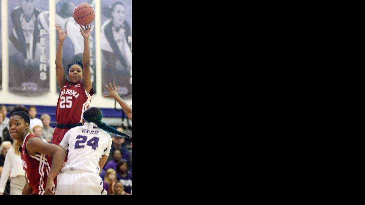 
Oklahoma’s Gioya Carter, shoots a jump shot in front of teammate Lanesia Williams, left, and TCU’s Natalie Ventress in the first half Saturday.
