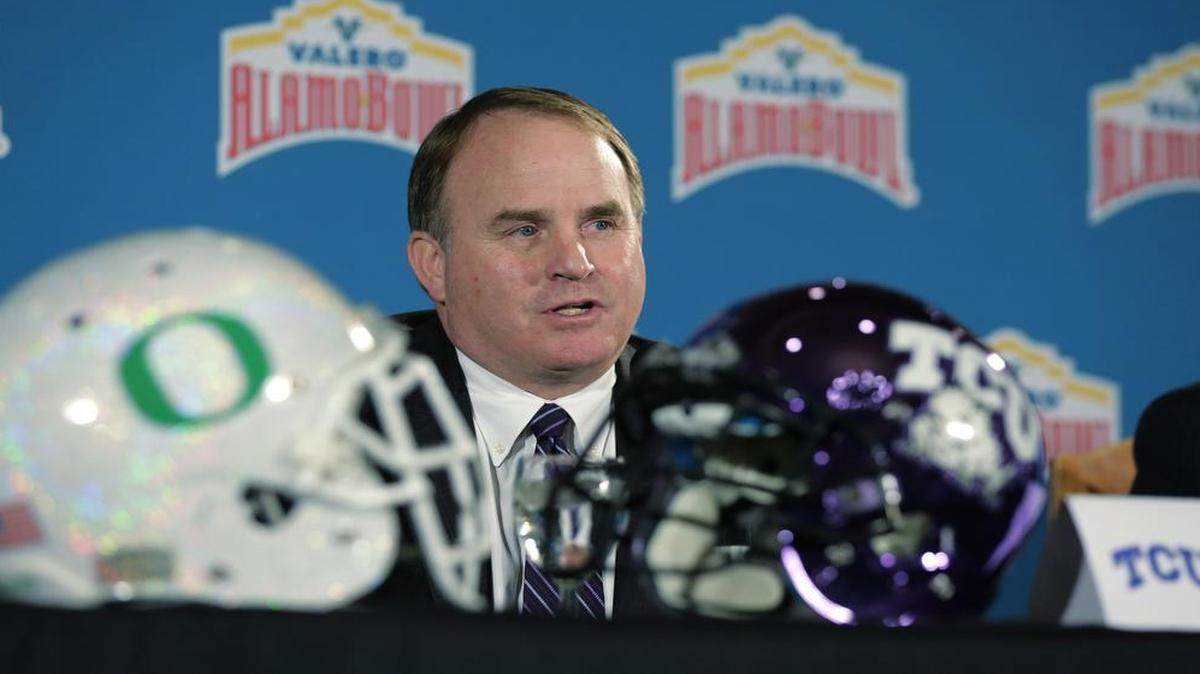 TCU coach Gary Patterson speaks during a press conference in San Antonio on Thursday, the first chance for him and Oregon coach Mark Helfrich to talk with reporters about the Alamo Bowl matchup.