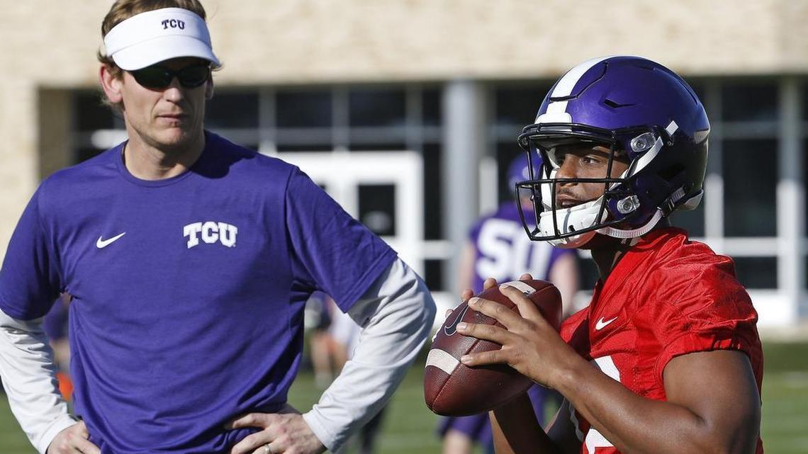 TCU quarterback Shawn Robinson goes through drills under the eye of co-offensive coordinator Sonny Cumbie in 2017. Robinson, who played in parts of six games as a true freshman, will be the Horned Frogs starting quarterback in 2018.