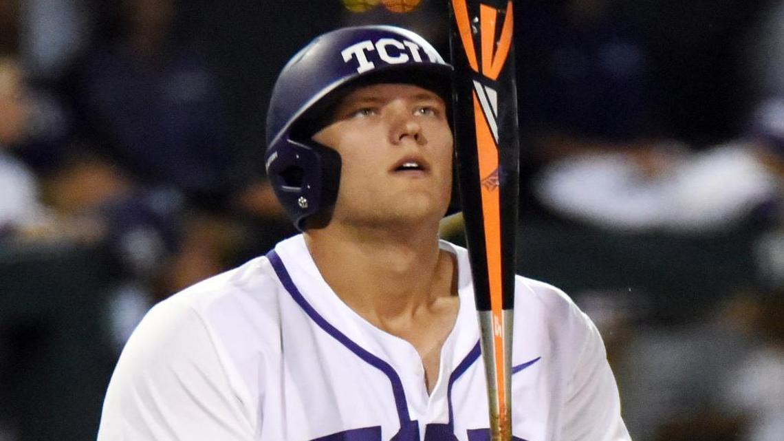 TCU designated hitter Luken Baker steps into the box in a May 17 game against Stephen F. Austin. He was named the Big 12 freshman of the year Tuesday in voting by the league coaches. He was also was a first-team selection at DH and utility, the first player to be so honored by the league in multiple positions in one year.