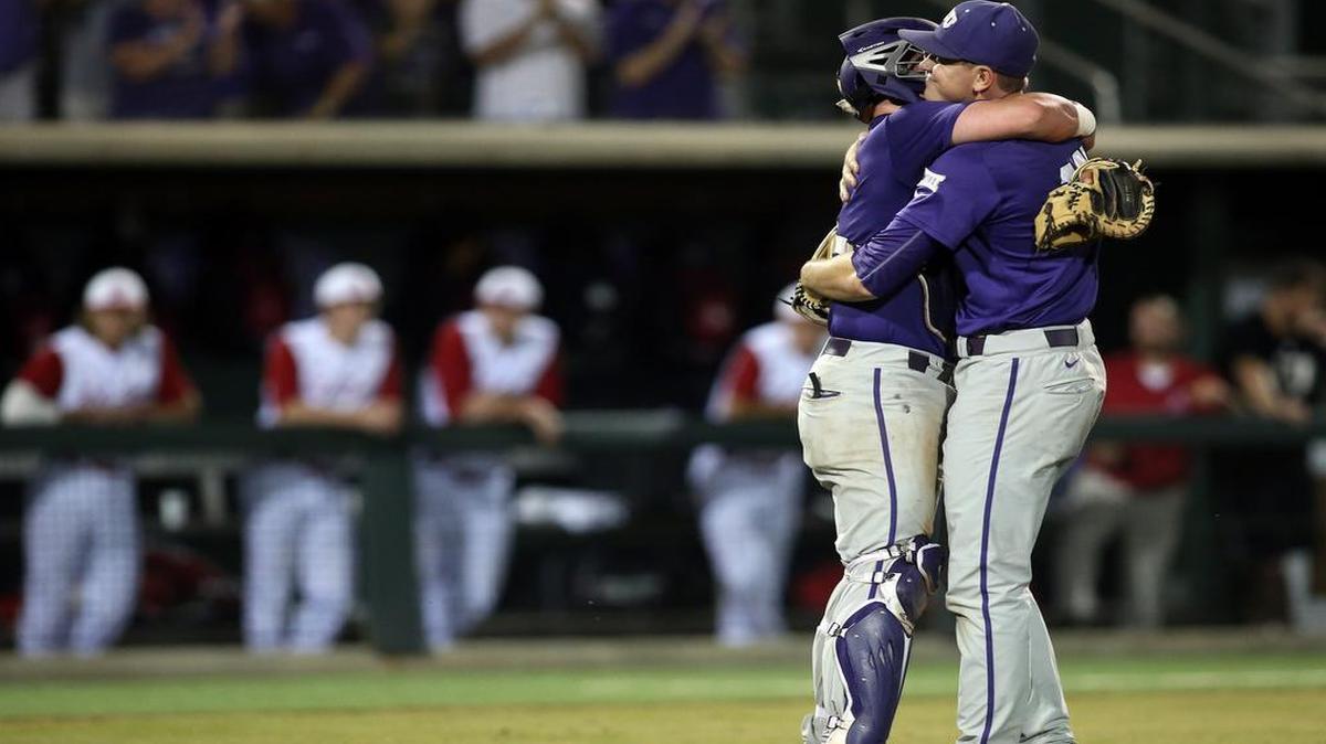 
TCU catcher Evan Skoug embraces pitcher Tyler Alexander following an 8-2 victory against N.C. State on Sunday night. Skoug went 2-for-4 with a walk after hitting a three-run home run earlier against Stony Brook as the Horned Frogs swept two elimination games at the Fort Worth Regional.
