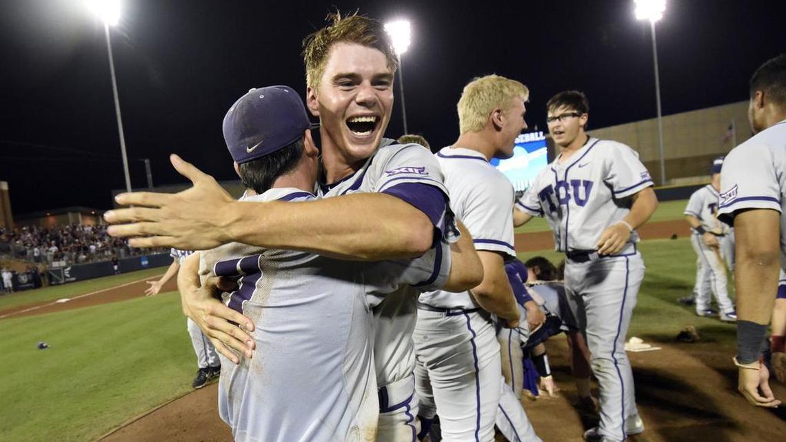 TCU first baseman Connor Wanhanen embraces left fielder Josh Watson in the celebration following the Horned Frogs’ 4-1 win against Texas A&M in Game 3 of an NCAA Super Regional in College Station.