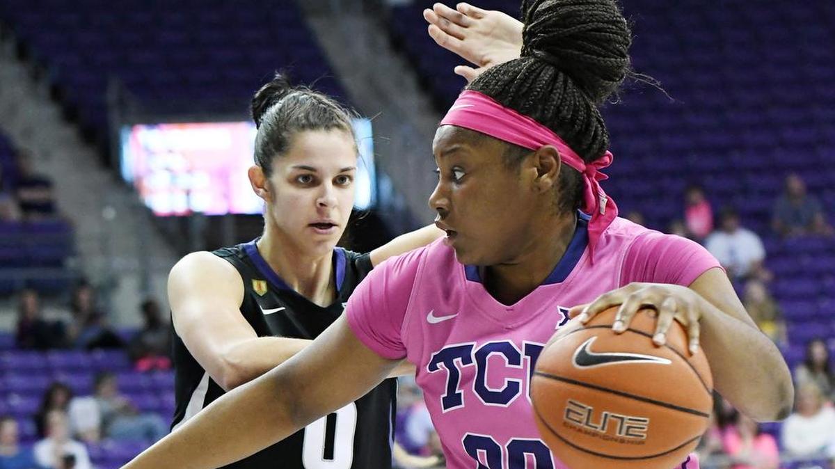 TCU’s Amy Okonkwo, right, in action last season against Kansas State, finished with 17 points and five rebounds in Sunday’s victory over Texas Tech.