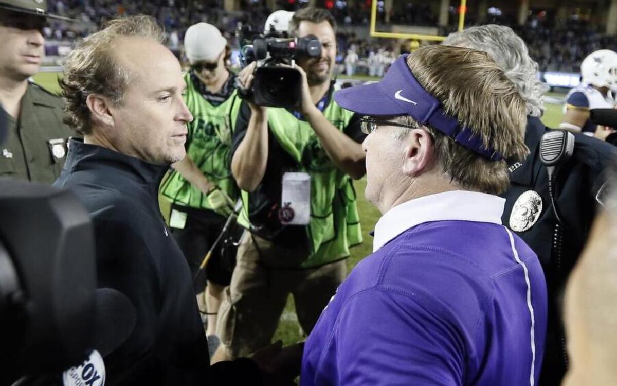 Gary Patterson, right, asked West Virginia coach Dana Holgorsen how TCU would fare against Baylor.