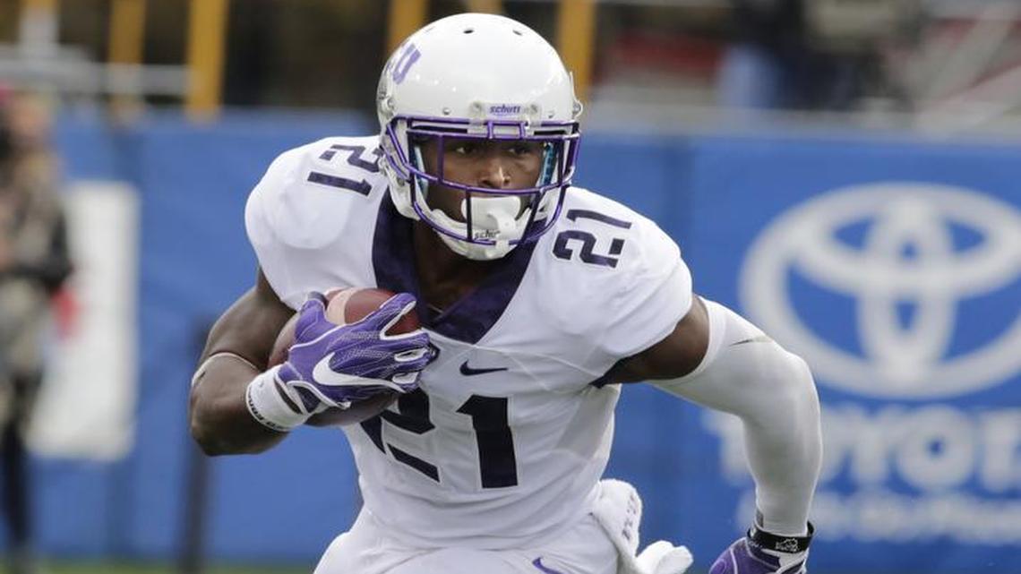 TCU running back Kyle Hicks, seen during last week’s game at West Virginia, limped off the field during the Horned Frogs’ first series against Texas Tech.