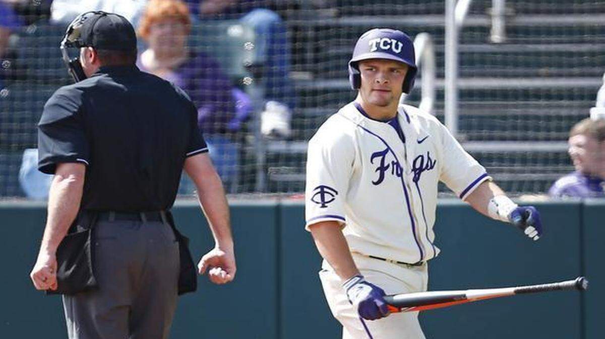 
TCU catcher Zack Plunkett reacts after striking out in the third inning against Oklahoma State on Sunday.
