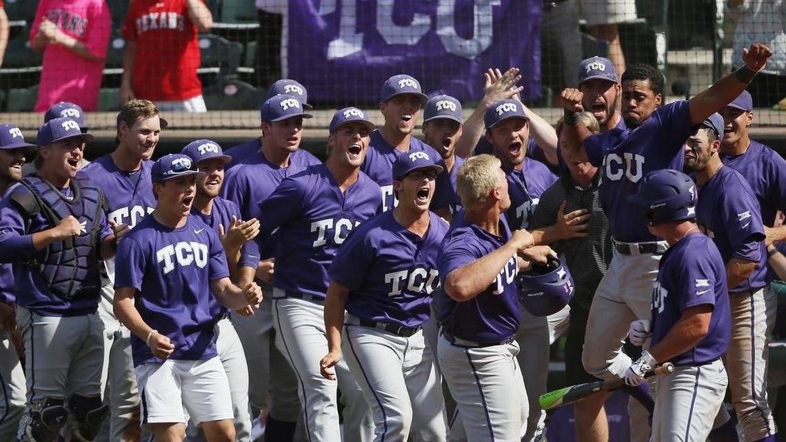 Luken Baker, center right holding batting helmet, and his TCU teammates celebrate his 10th-inning winning home run against West Virginia to win the Big 12 automatic berth Sunday in Oklahoma City.