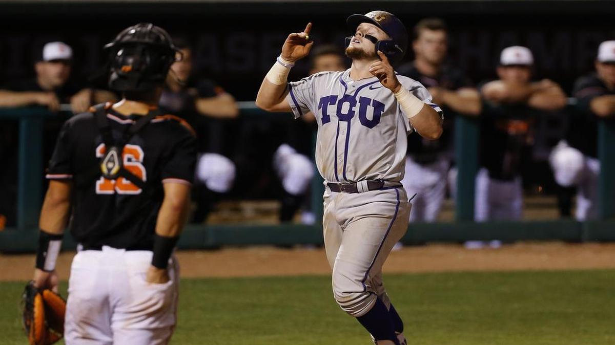 TCU catcher Evan Skoug reacts as he approaches home plate following his three-run home run in the eighth inning Thursday against Oklahoma State.